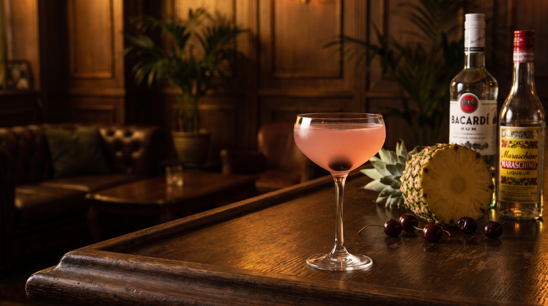 A rosy-pink Mary Pickford cocktail in a chilled coupe with a maraschino cherry, beside white rum, maraschino liqueur and fresh pineapple on a dark-wood bar