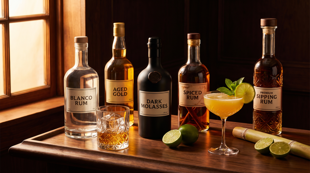 A National Rum Day lineup of diverse rum bottles from white to dark and aged on a dark wood bar with a glass of amber rum over ice and a tropical cocktail