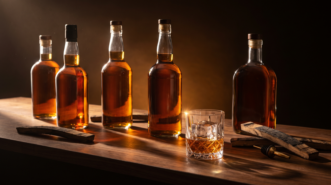 A row of amber bourbon bottles on a dark walnut bar top under warm side lighting, with a rocks glass of bourbon in the foreground