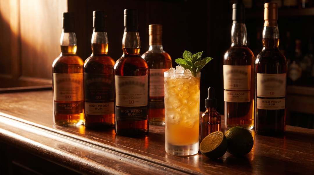 Bold overproof and 151 dark rum bottles beside a tall tropical cocktail and aromatic bitters on a dark-wood bar