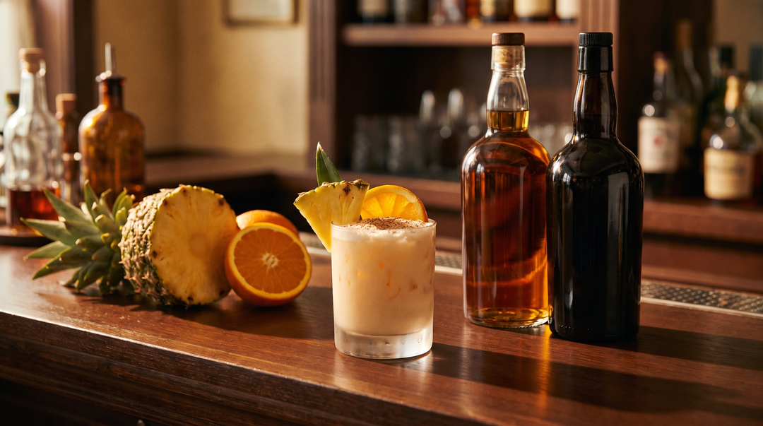 A classic Painkiller tiki cocktail dusted with grated nutmeg and garnished with pineapple and orange, beside dark navy rum bottles on a dark wood bar