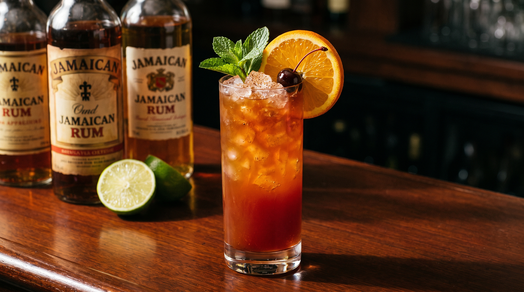A tall Planter's Punch cocktail over crushed ice with orange, cherry and grated nutmeg, beside dark and aged Jamaican rum bottles on a dark-wood bar