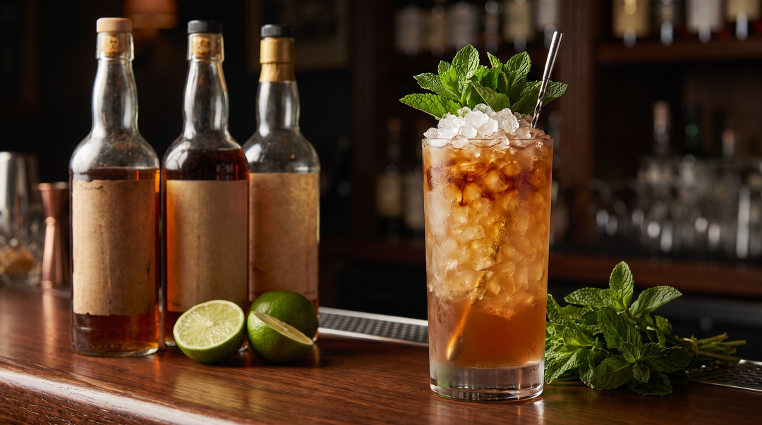 A Queen's Park Swizzle with dark Demerara rum, crushed ice, fresh mint and aromatic bitters beside dark rum bottles and limes on a dark-wood bar