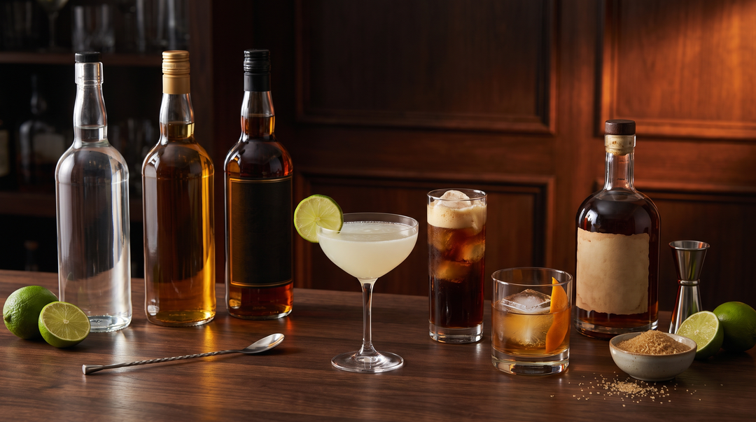 Four rum bottles and three simple rum cocktails on a dark walnut bar top in warm amber light