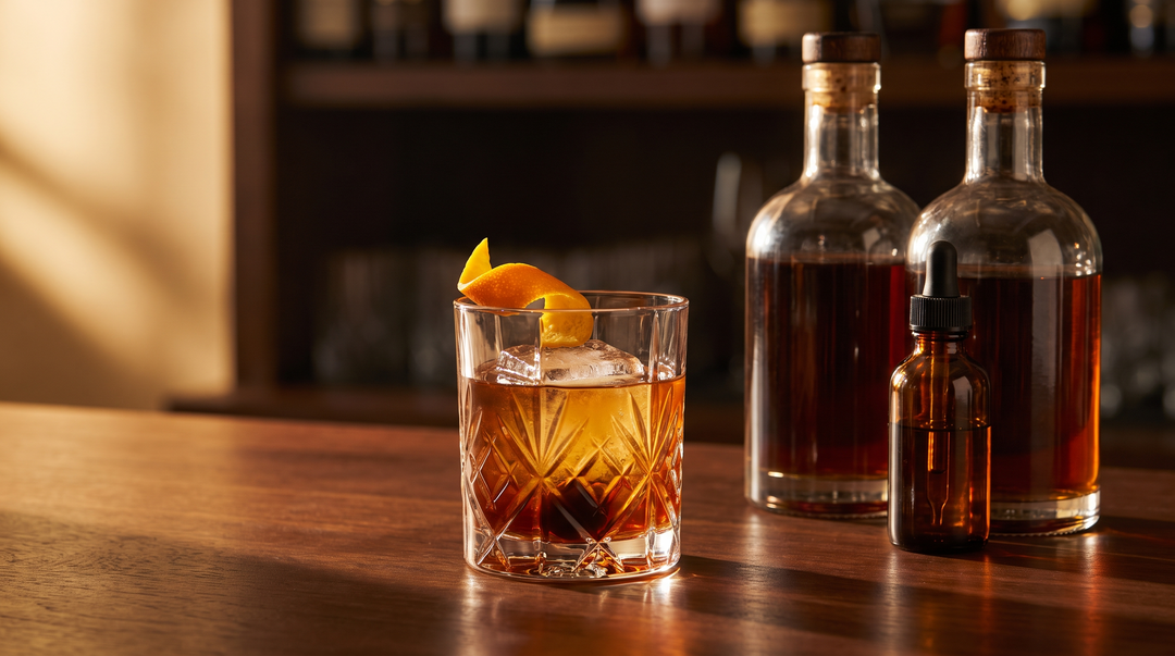 A rum old fashioned with aged rum over a large clear ice cube, an orange twist and a cherry, beside aged rum bottles and aromatic bitters on a dark-wood bar