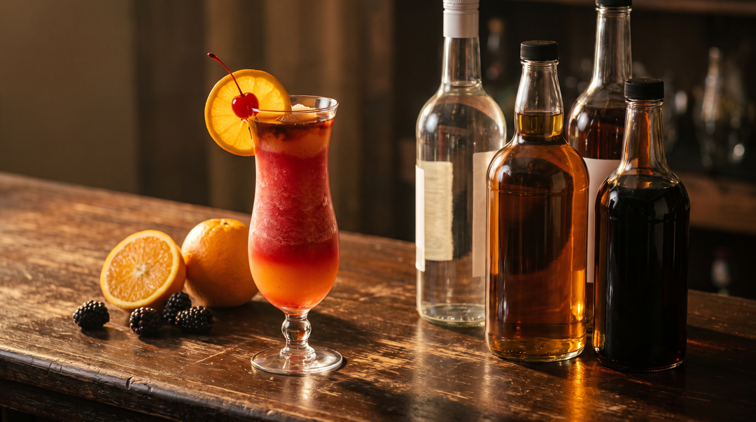 A frozen Florida Keys Rum Runner cocktail glowing red-orange in a tall hurricane glass with an orange wheel and cherry, beside light-to-dark rum bottles on a dark wood tiki bar