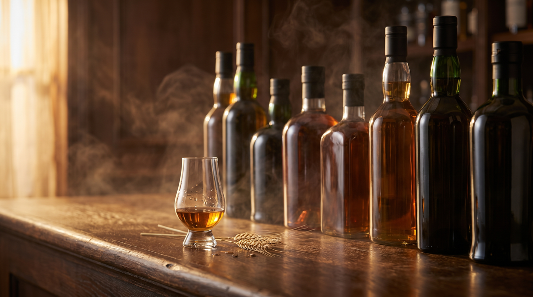 A row of premium single malt Scotch whisky bottles on a dark oak bar with an amber dram in a Glencairn glass and a sprig of barley, warm side lighting