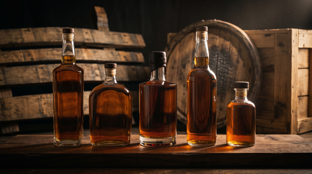 A row of five American whiskey bottles on dark walnut with oak barrel staves and a shipping crate behind them, illustrating sourced versus distilled bourbon