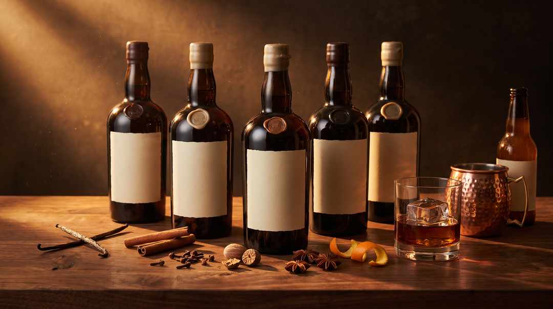 A row of spiced rum bottles with vanilla pods, cinnamon sticks, cloves and nutmeg on a dark-wood surface in warm amber light