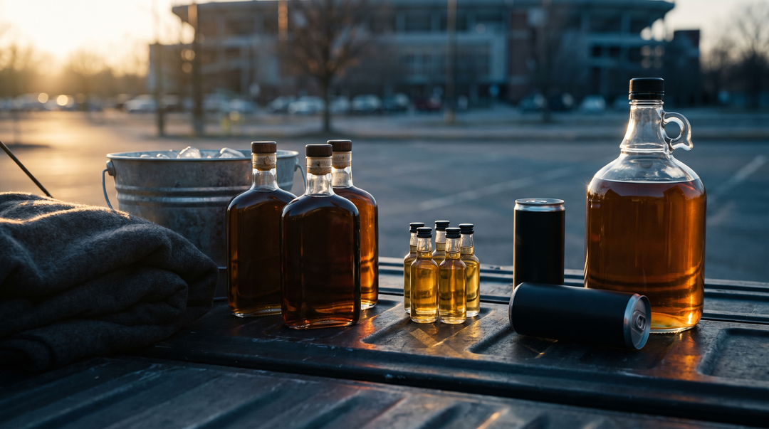 Half-pint flask bottles, miniature whiskey bottles, canned cocktails and a 1.75L handle arranged on a pickup truck tailgate in late afternoon light
