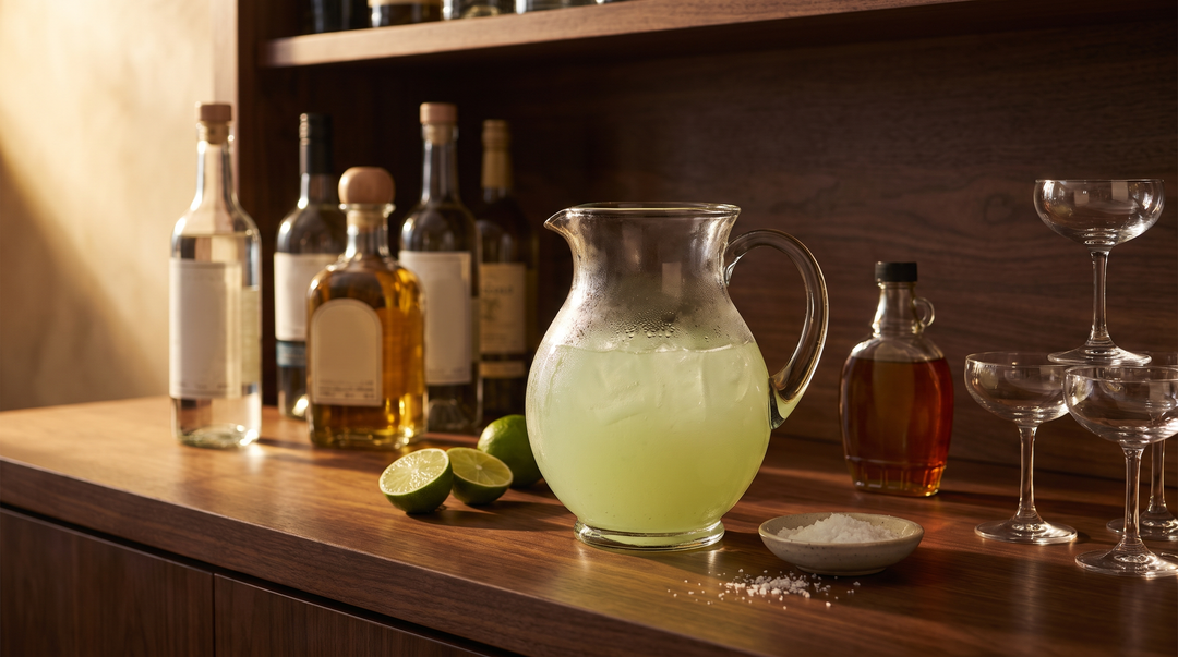 A glass pitcher of batched margarita on a dark wood bar with blanco and reposado tequila bottles, cut limes and coupe glasses