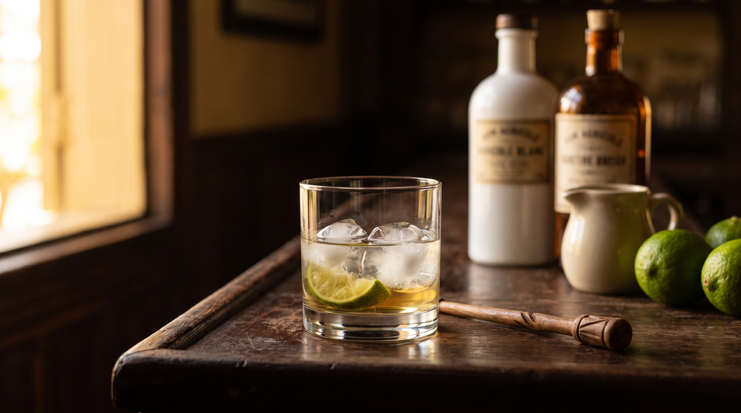 A classic Ti' Punch cocktail in a rocks glass with rhum agricole blanc, a lime coin and cane syrup, beside white and aged rhum agricole bottles and fresh limes on a dark-wood bar