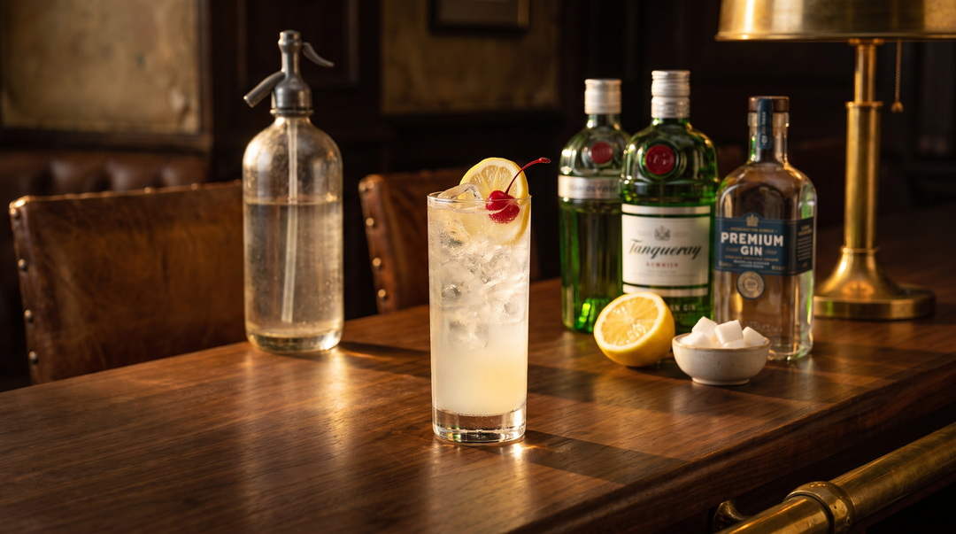 A tall Tom Collins cocktail with a lemon wheel and cherry beside premium gin bottles and fresh lemon on a dark wood bar