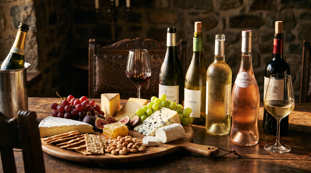 An elegant wine and cheese board with brie, cheddar, blue cheese, grapes, figs and honeycomb beside open bottles of sparkling, white, rose and red wine on a dark wood table