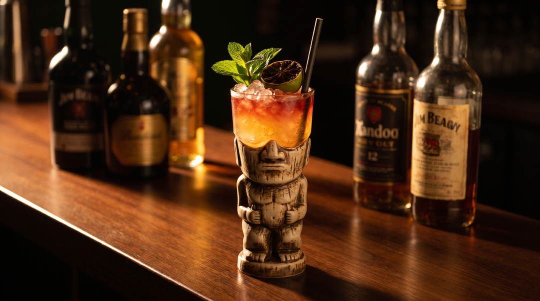 A classic Zombie tiki cocktail in a tall tiki glass over crushed ice with a mint sprig, beside dark, gold and overproof rum bottles on a dark-wood bar