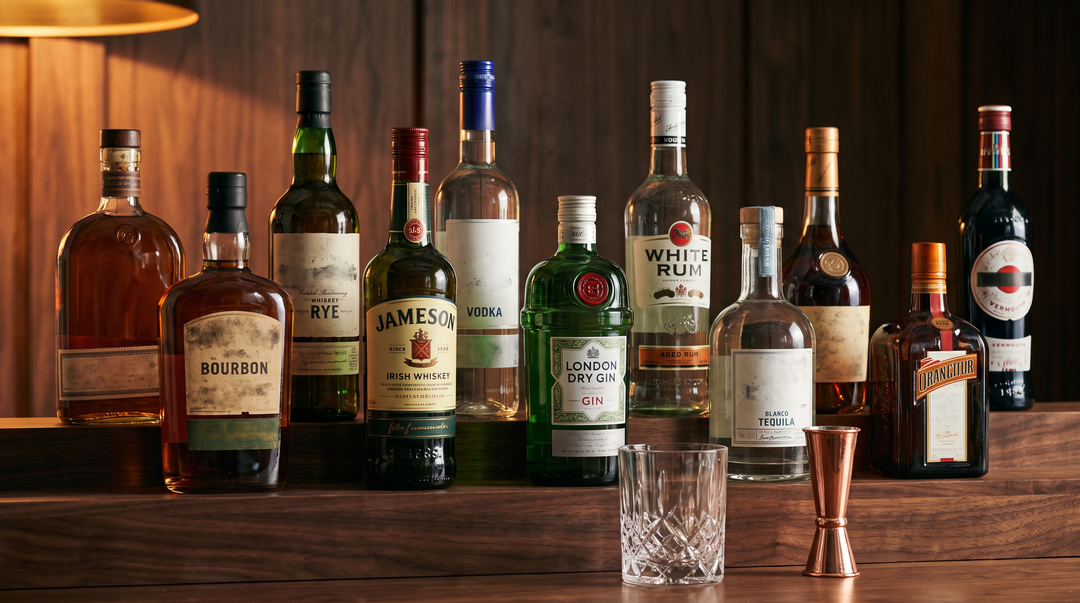 Twelve essential spirit bottles arranged on a dark walnut home bar shelf with a rocks glass and jigger