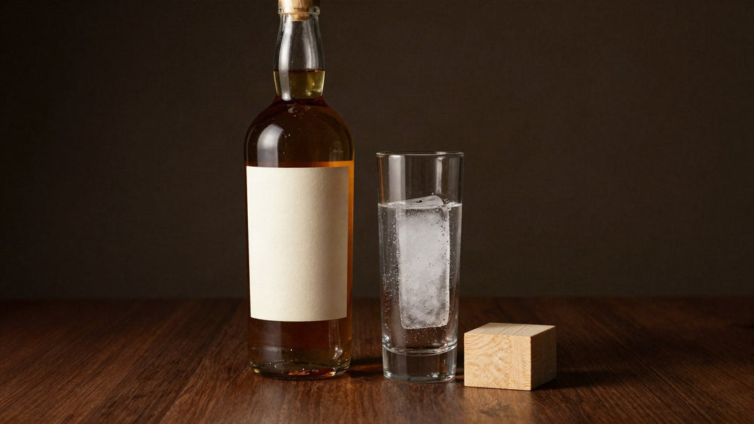 A whisky bottle with a blank cream label beside a highball glass with a clear ice block and a small block of pale oak on dark walnut