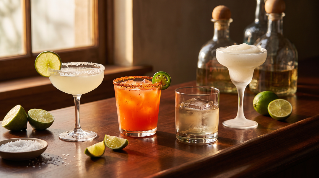 Classic, spicy, mezcal and frozen margaritas with fresh limes and salt on a dark wood bar for National Tequila Day 2026