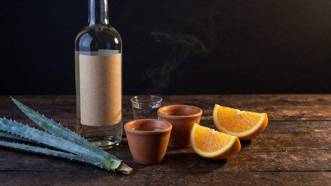 A mezcal bottle with a blank label beside clay copitas, agave leaves and orange wedges on dark wood