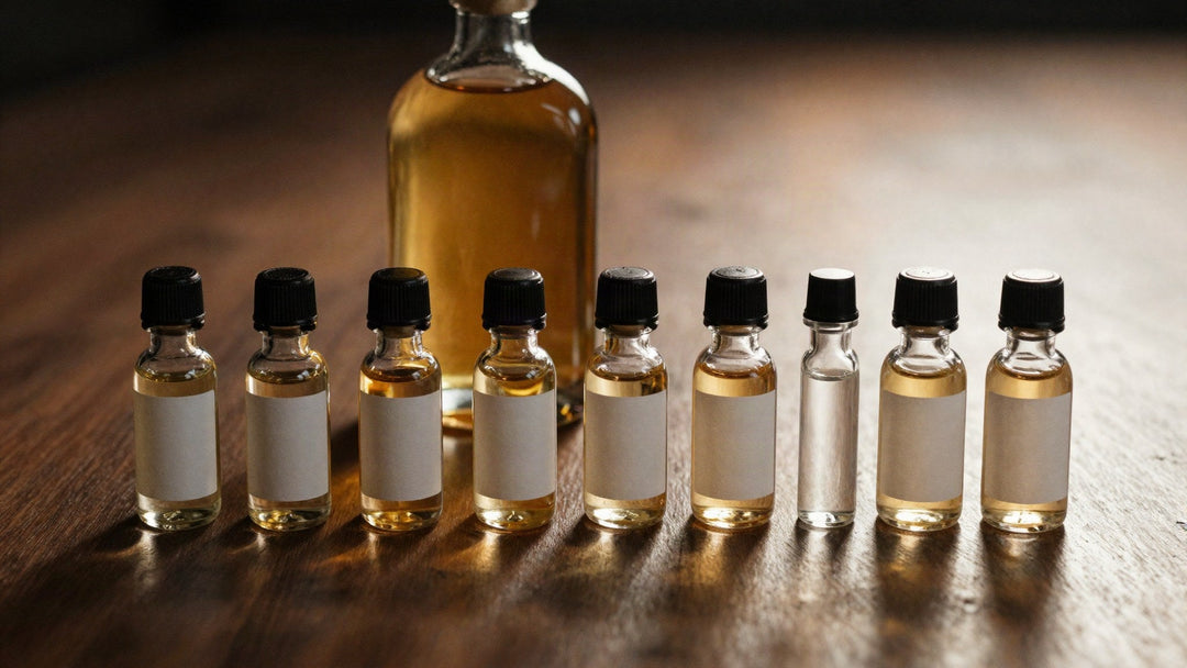 A row of nine 50ml miniature spirit bottles with blank labels in front of a full-size bottle on dark wood