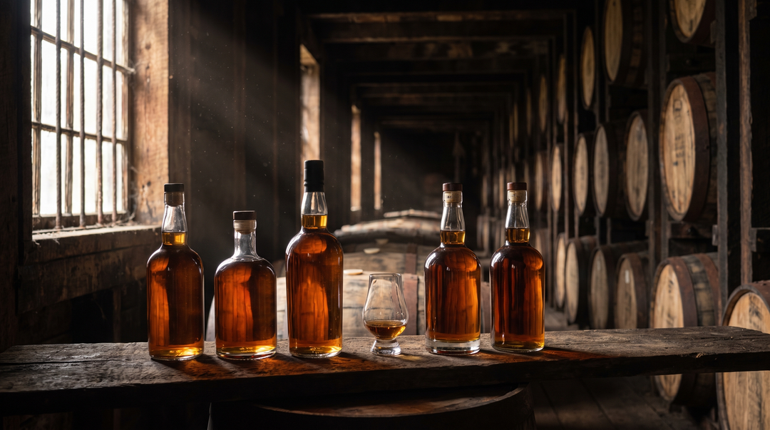 Charred oak bourbon barrels stacked on timber ricks inside a dim Kentucky rickhouse, with single-barrel bourbon bottles and a Glencairn glass lit from the side in the foreground