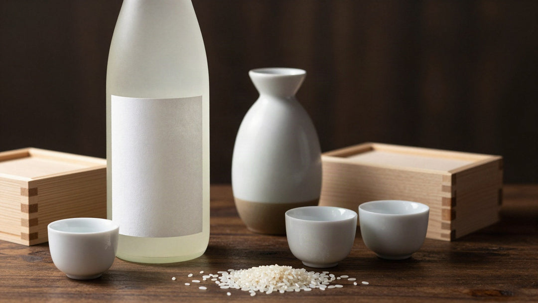 A frosted sake bottle with a blank label beside a ceramic tokkuri, white ochoko cups, wooden masu boxes and polished rice on dark walnut