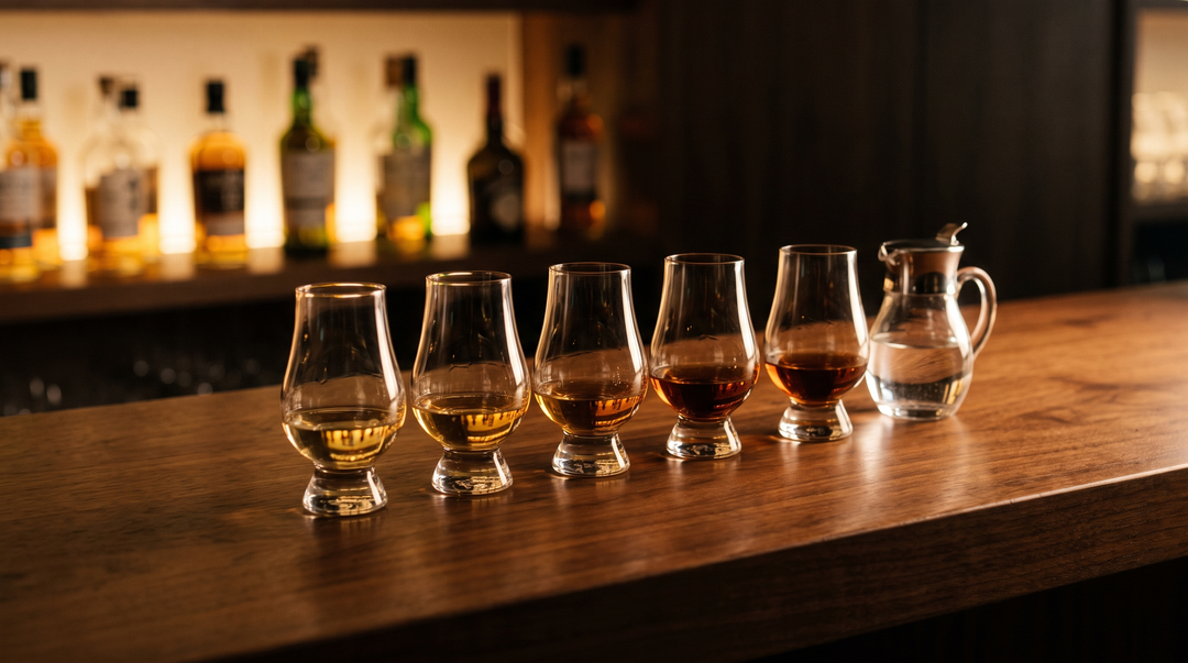 A flight of six Glencairn glasses of golden Scotch whisky arranged from light to dark on a dark walnut bar with a water pitcher