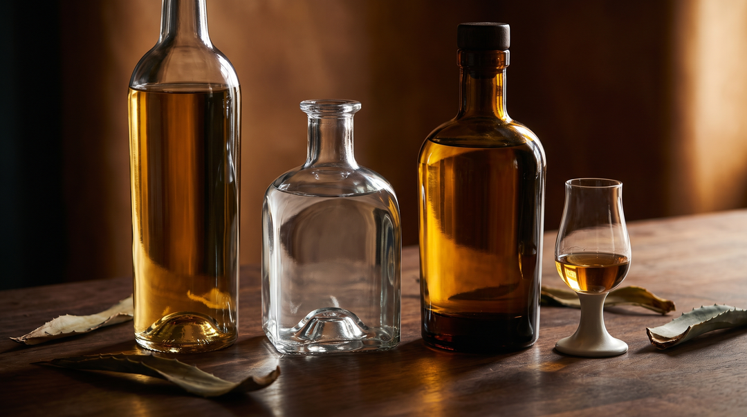 An amber añejo, a crystal-clear cristalino and a deep extra añejo tequila bottle beside a copita tasting glass on a dark walnut bar in warm amber side light