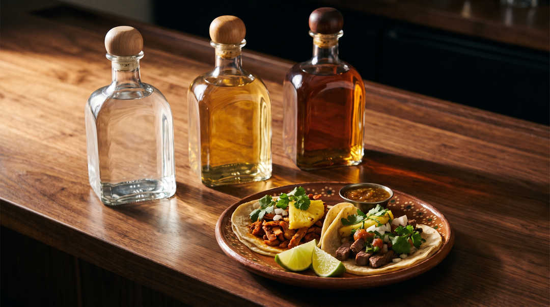 Three tequila bottles showing a clear-to-amber aging gradient beside a plate of al pastor and carne asada street tacos with lime on a dark walnut bar in warm side light