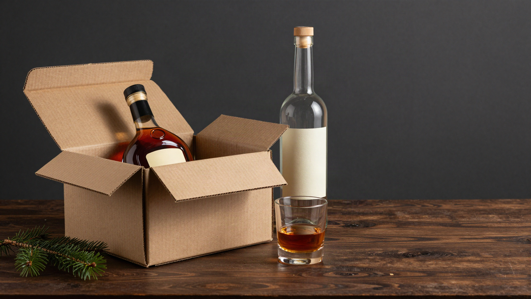 An open shipping box holding a cognac bottle beside a vodka bottle and a glass of whiskey on a dark wood table with a pine branch
