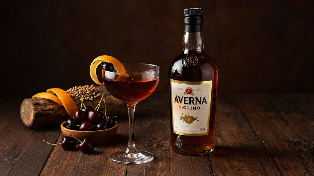 A bottle of Averna amaro beside a dark Black Manhattan cocktail in a coupe glass on a dark wood table