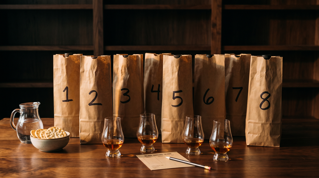 Eight bourbon bottles hidden in numbered brown paper bags beside Glencairn glasses and a scoring card, set up for a blind tasting at home