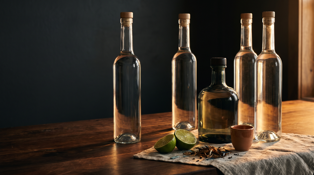Five unlabeled agave spirit bottles on a dark walnut bar top under warm amber side light, with roasted agave fiber and a clay copita cup