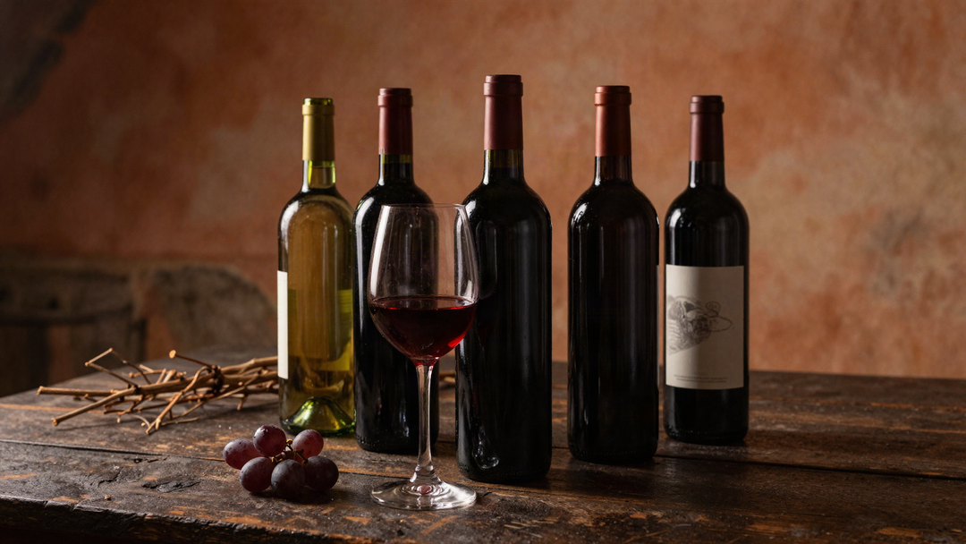 Spanish red and white wine bottles on a dark oak table with a glass of garnet red wine