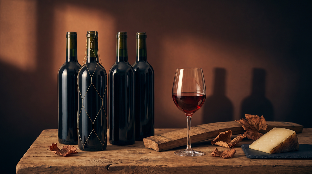 Four unlabeled dark green wine bottles and a glass of garnet red wine on an aged oak table under warm autumn side light, with an oak barrel stave and dried vine leaves