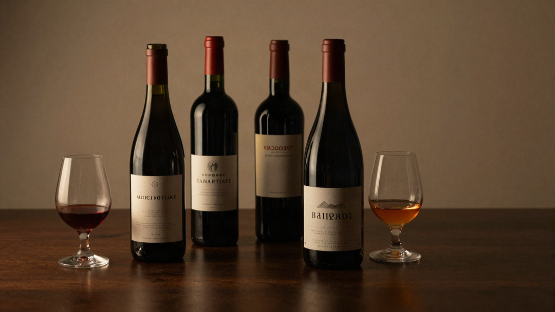 Dark port wine bottles on a walnut table beside two tasting glasses, one ruby and one tawny