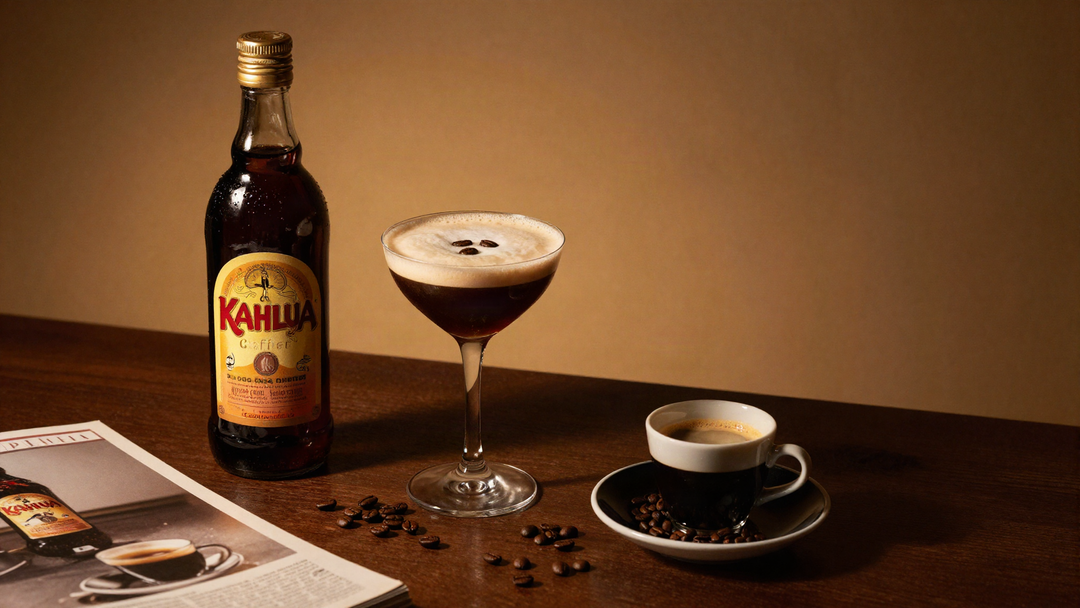 Kahlua coffee liqueur bottle beside a classic espresso martini