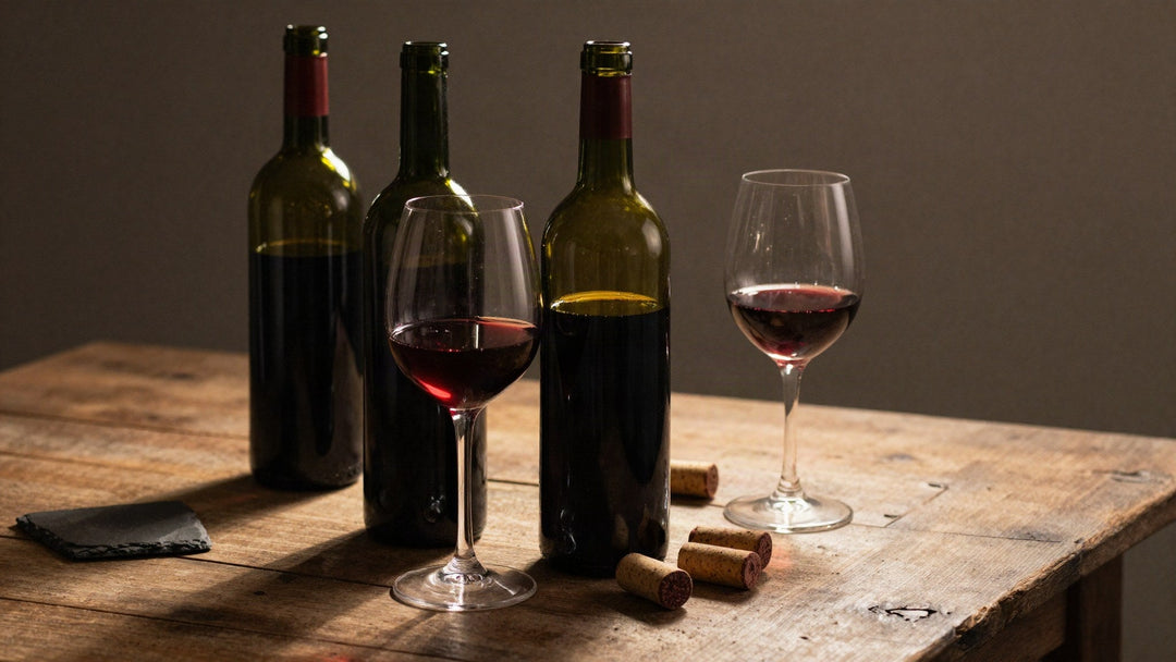 Three Bordeaux bottles and two glasses of deep garnet red wine on a weathered oak table with loose corks in warm late-afternoon light