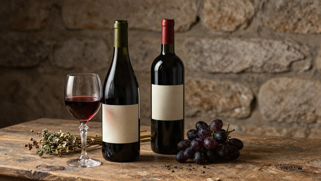 Three Tuscan red wine bottles with blank labels and a filled glass on a dark oak table in warm side light