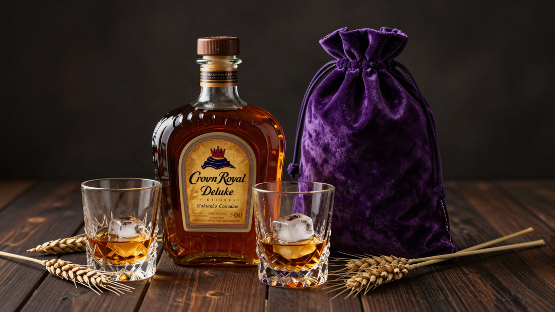 A bottle of Crown Royal Deluxe Canadian whisky with its purple bag and a glass of whisky on dark wood