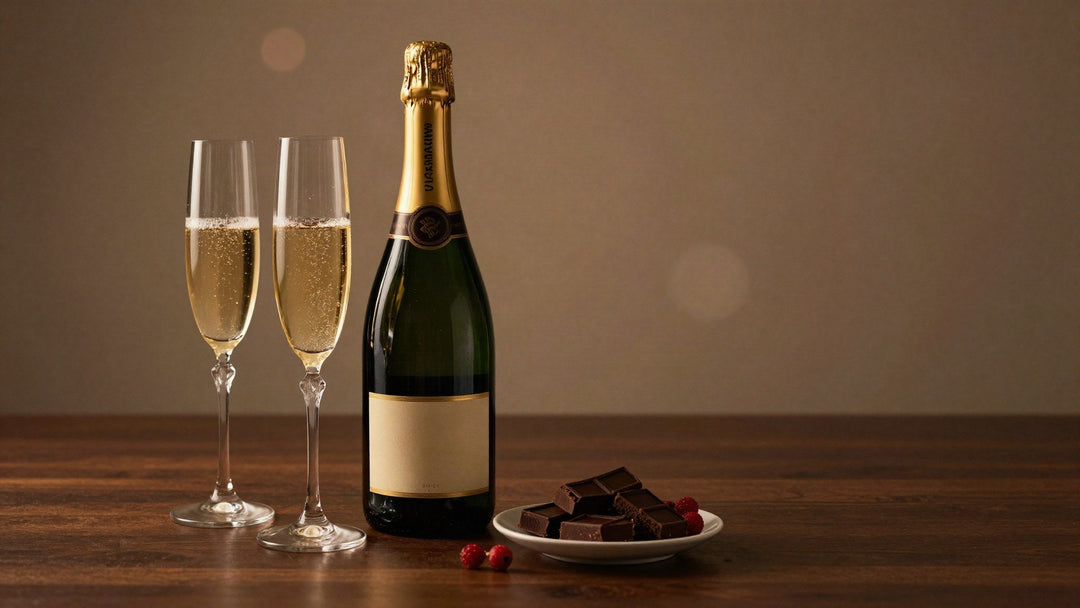 Green Champagne bottle with gold foil beside two flutes of sparkling wine and dark chocolate
