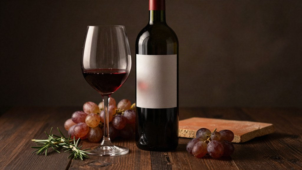 A bottle of Tuscan red wine with a blank label beside a glass of ruby Sangiovese, fresh grapes, rosemary and a terracotta tile on dark walnut