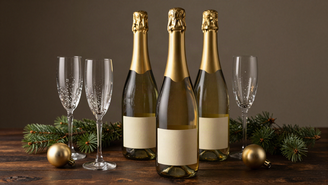 Unlabeled Champagne bottles with gold foil necks, crystal flutes, pine sprigs and gold ornaments on dark wood