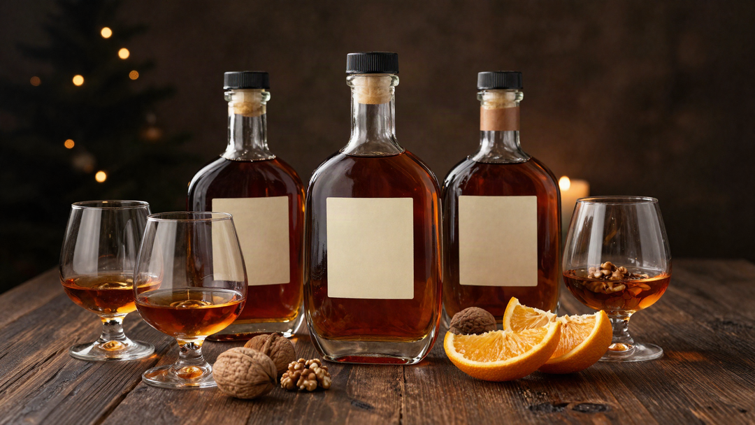 Three unlabeled cognac bottles with snifters, walnuts and orange slices on dark oak wood beside warm holiday lights