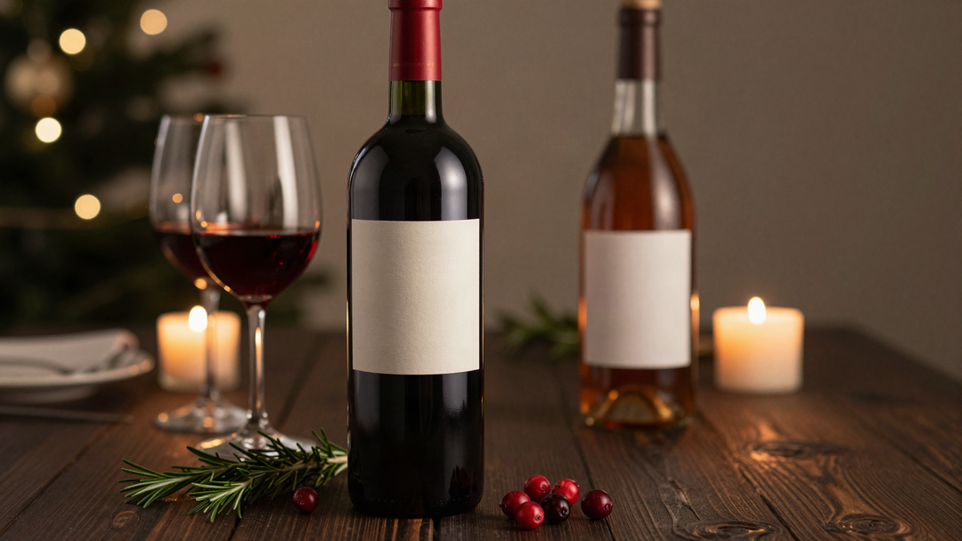 A red wine bottle and an amber bottle with blank labels beside two glasses of red wine, rosemary, cranberries and candles on a dark wood Christmas dinner table