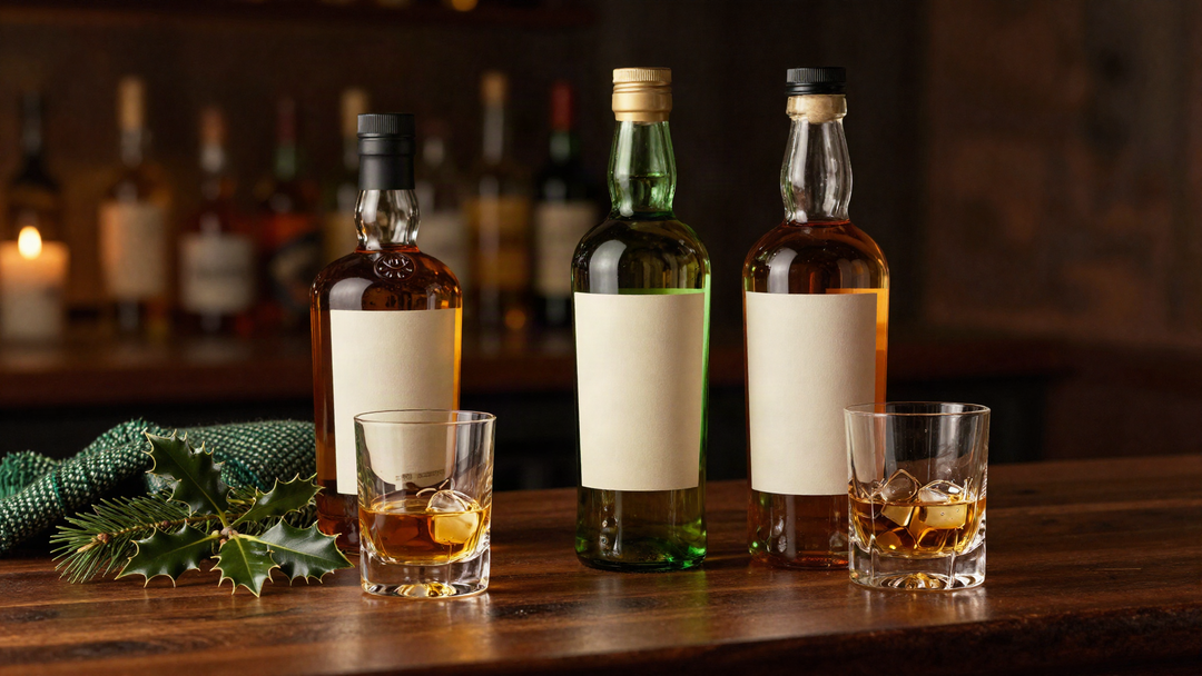 Three unlabeled whiskey bottles with rocks glasses, holly, pine and a green tweed scarf on a dark oak bar