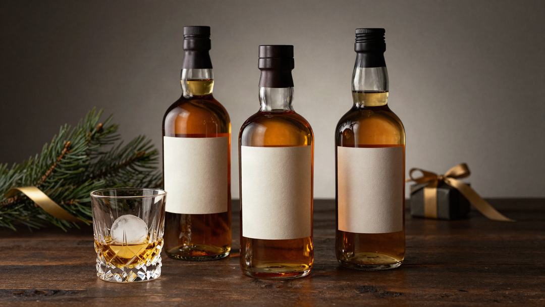 Three Japanese whisky bottles with blank labels beside a glass of whisky with an ice sphere, a pine sprig and a small gift on a dark wood table