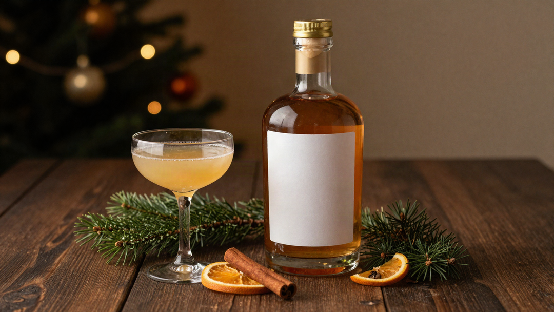 A liqueur bottle with a blank label and gold cap beside a coupe glass of creamy liqueur, orange slices, a cinnamon stick and pine branches on dark wood with Christmas lights behind