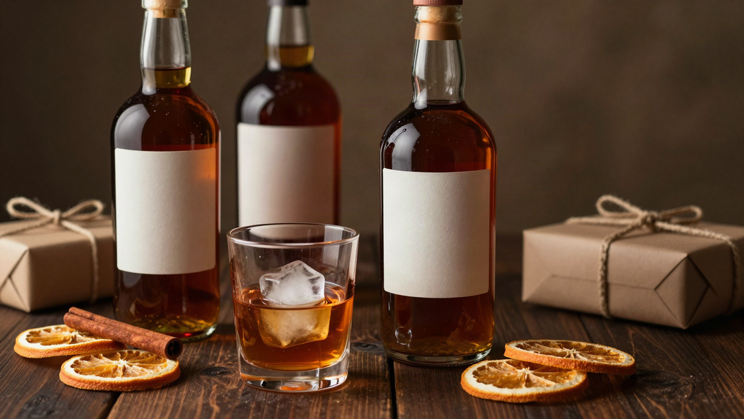 Unlabeled aged rum bottles with a rocks glass and large ice cube, cinnamon, dried orange slices and wrapped gifts on dark oak