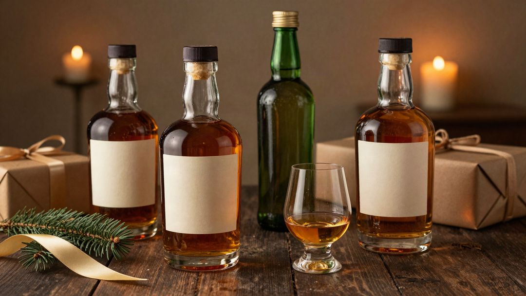 Unlabeled Scotch whisky bottles with a Glencairn glass, a wrapped gift box and a fir sprig on a dark wood table